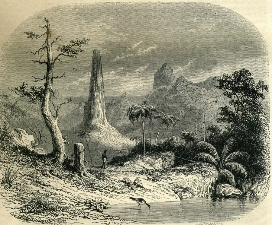 Pico Cão Grande, the volcanic needle in the south of São Tomé, in an engraving from 1853